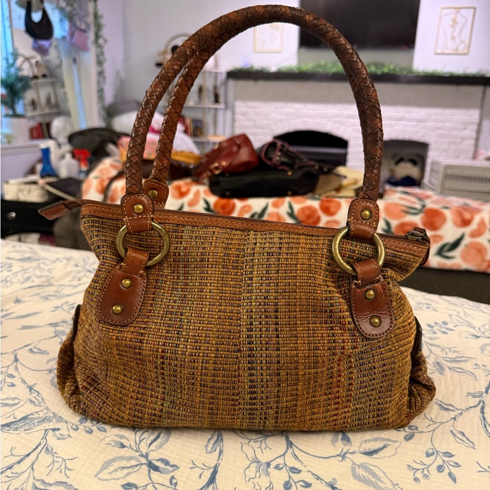 vintage colorful fossil woven shoulder bag with leather accents braided handle